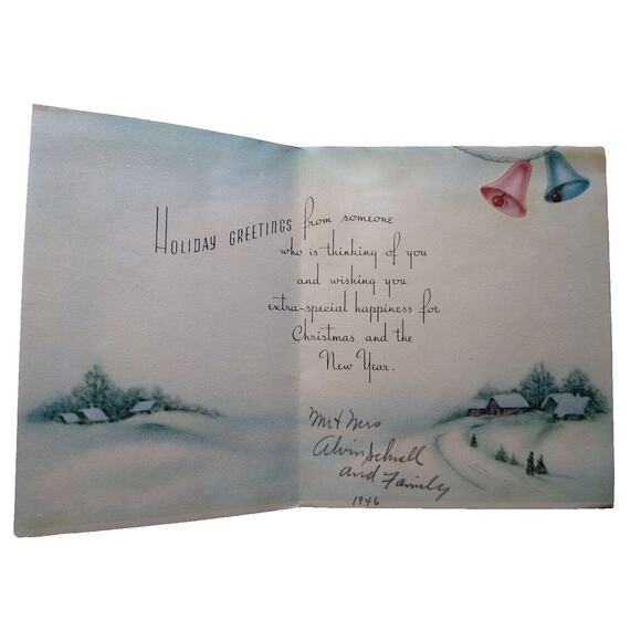 Merry Christmas Greeting Card Vintage Bells Church Mid Century Modern 1946 - Picture 2 of 3